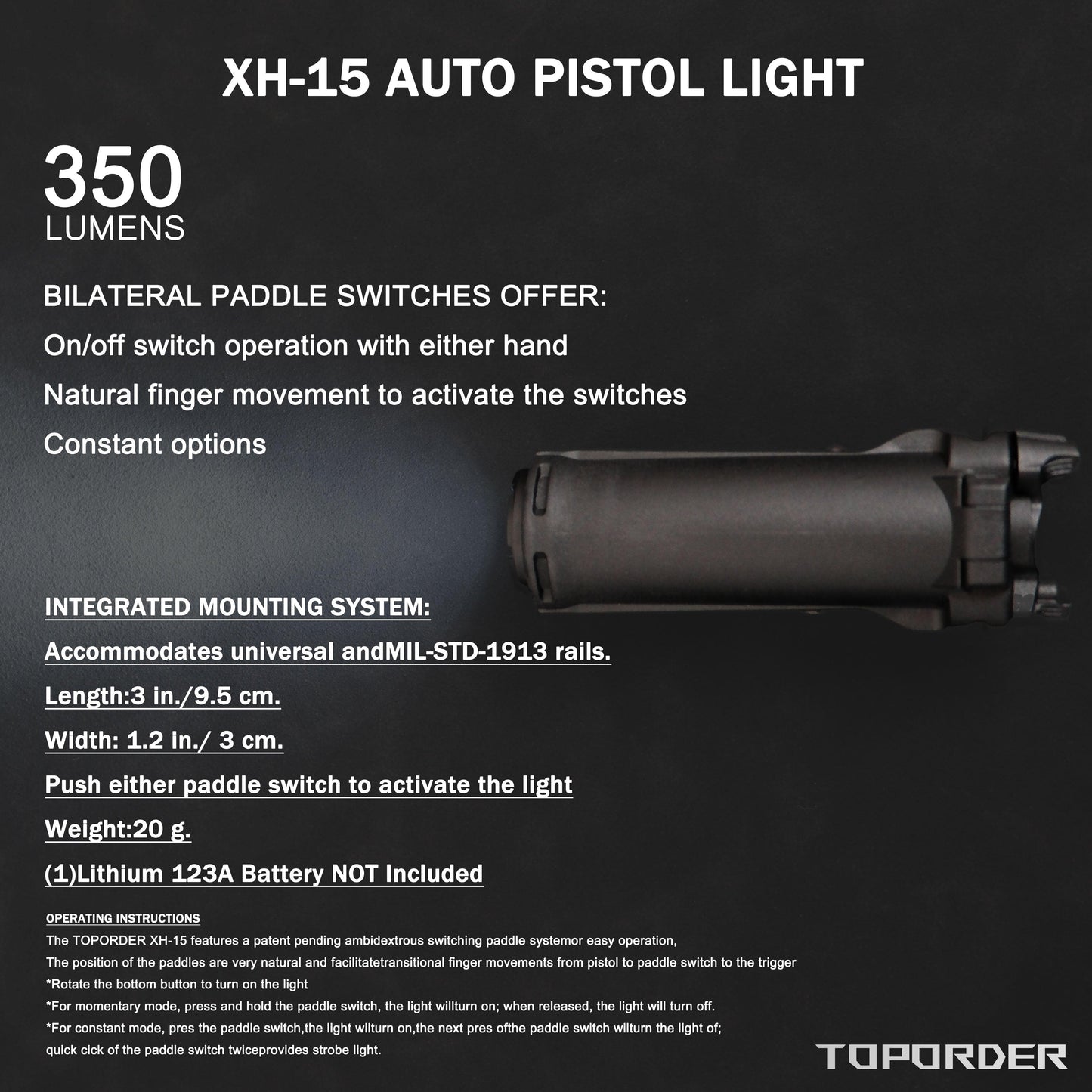 XH15 Pistol Light for Glock 350 Lumens High-performance LED Weapon Light Rapid Deploy Holster XH-15 Hunting Rifle Flashlight - TOPORDER